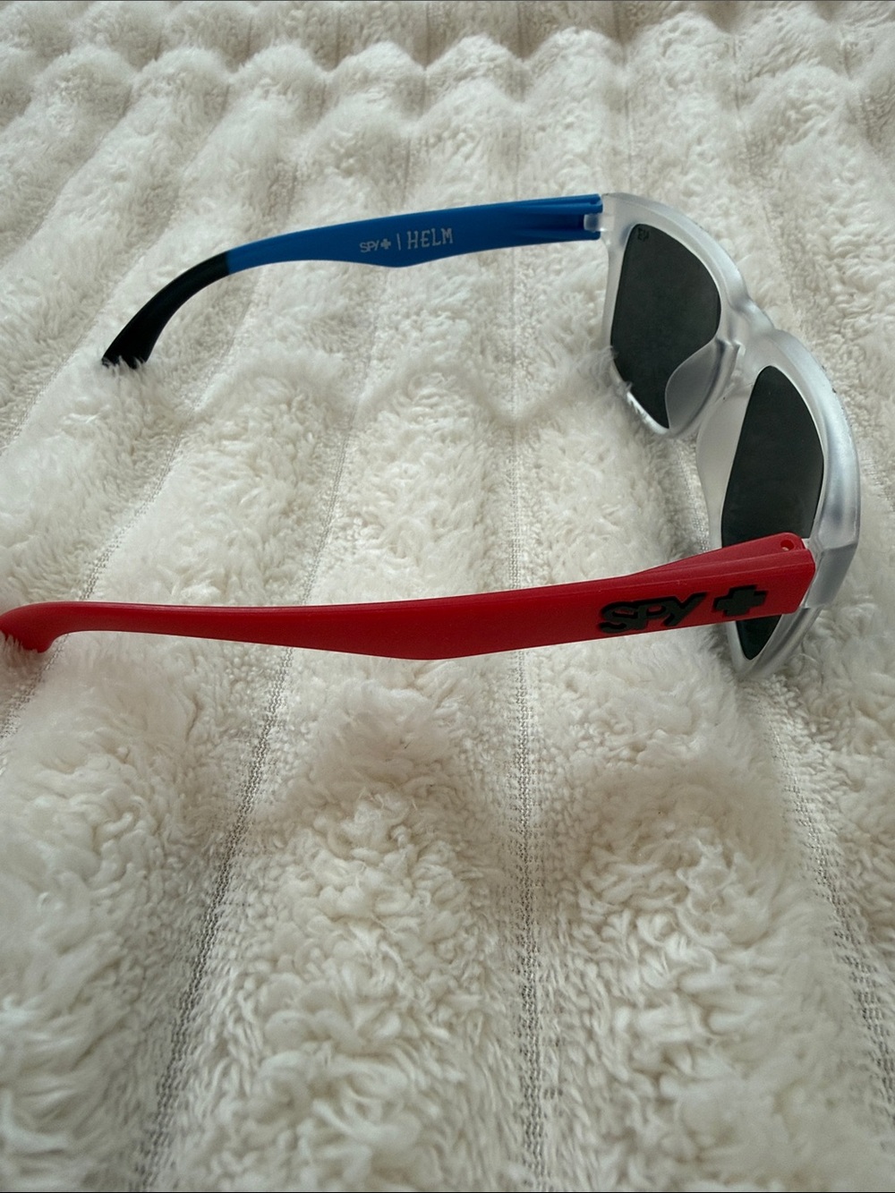 SPY Helm Sunglasses with Red & Blue Temples and Silver Frame